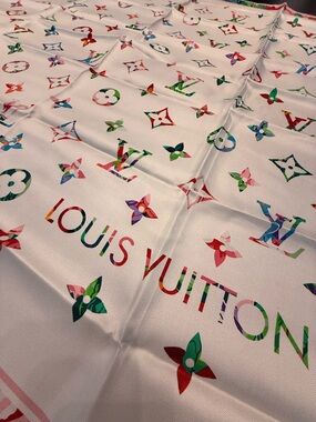 Louis Vuitton White Silk Scarf with Multicolor Monogram